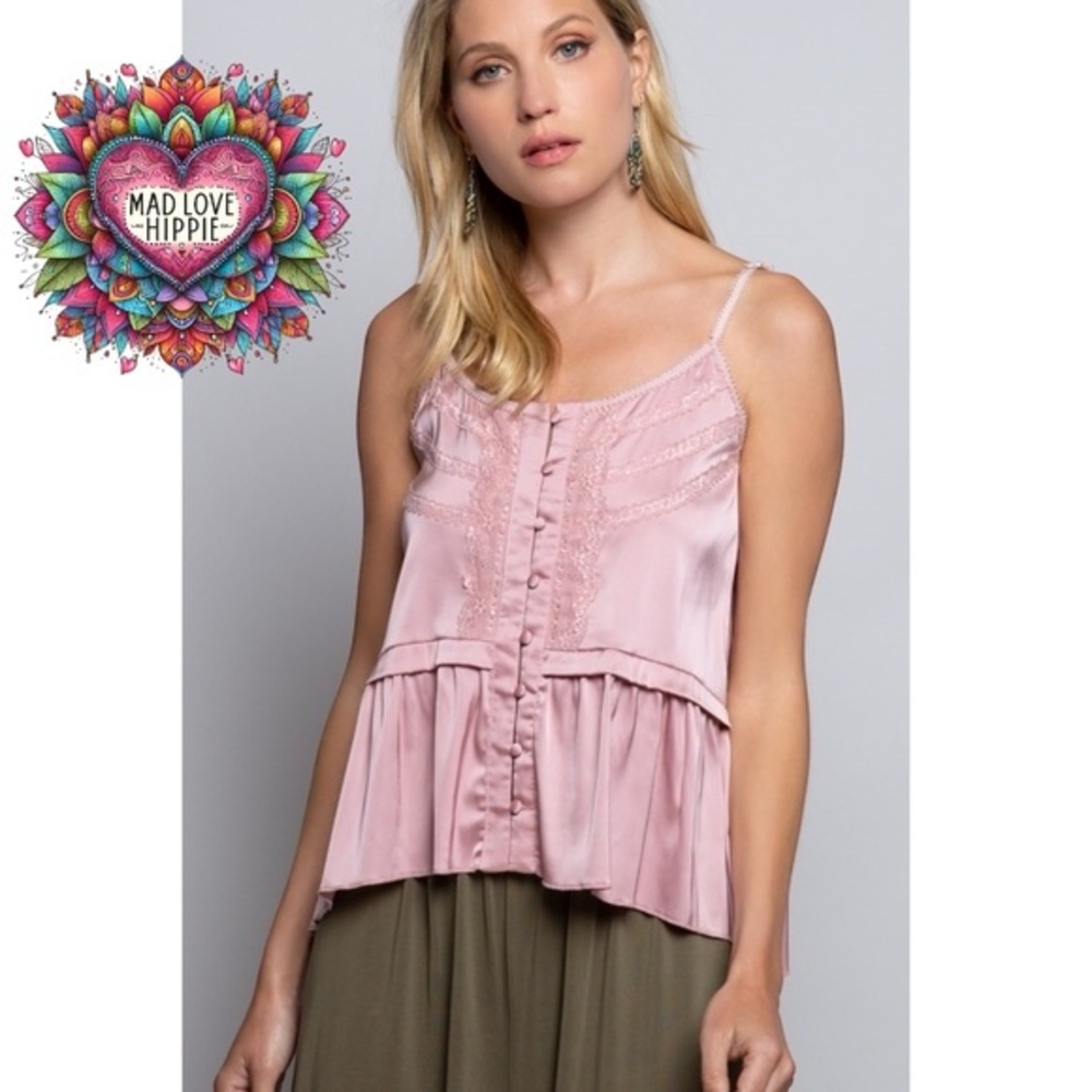 POL Pink Satin Button Front Cami Top with Lace - Picture 2 of 8